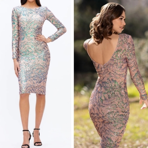 New! Dress the Population Emery blush multi sequin bodycon gown dress - Picture 2 of 7